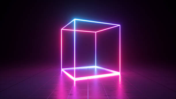 istock 3d render, abstract ultraviolet background, pink violet neon cube perspective view, simple square geometric shape, cubic cage stand inside the dark empty room 1293343660