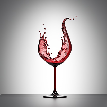3d render, red wine splash in the shape of wineglass, alcohol drink liquid splashing clip art isolated on white background