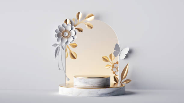 istock 3d render, empty marble stage with floral arch decorated with gold and white paper flowers, isolated on white background. Showcase mockup with blank podium, commercial product presentation 1293343759