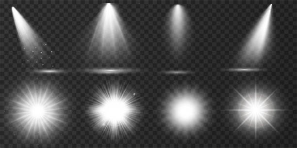 ilustrações de stock, clip art, desenhos animados e ícones de set of transparent lens flares and lighting effects. white spotlights. glowing explosion, bright shining effect. light effects. realistic falling snowflakes. vector illustration - efeito de luz