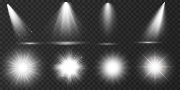 набор прозрачных вспышек объектива и световых эффектов. белые прожекторы. светящийся взрыв, яркий сия�ющий эффект. световые эффекты. реалис� - luminosity stock illustrations
