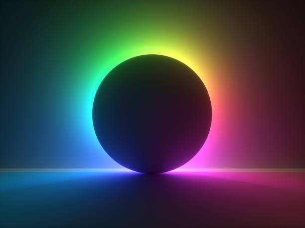 istock 3d render, modern minimal abstract background with colorful neon light behind the round black shape. 1293343819
