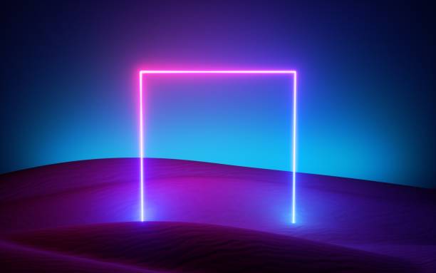 istock 3d render, futuristic neon background, pink blue square frame glowing in the desert under the night sky. Terrain landscape in ultraviolet spectrum 1293343839
