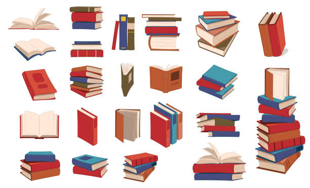 Books piles hand drawn set. Blank textbooks heaps. Hardbacks with empty pages on white background. Encyclopedia on library shelves vector isolated illustration symbol set Books piles hand drawn set. Blank textbooks heaps. Hardbacks with empty pages on white background. open stock illustrations