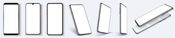 스마트 폰 프레임없는 빈 화면, 회전 위치. 다른 각도에서 스마트 폰. 일반 장치를 모형으로 만듭니다. ui, ux 스마트 폰 세트. 인포그래픽 또는 프레젠테이션 3d 사실적인 휴대폰을 위한 템플릿 - 스마트폰 stock illustrations