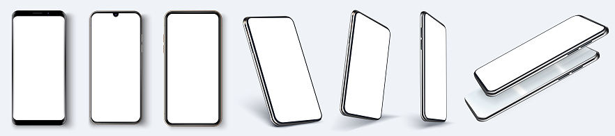 Smartphone frameless blank screen, rotated position. Smartphone from different angles. Mockup generic device. UI, UX smartphones set. Template for infographics or presentation