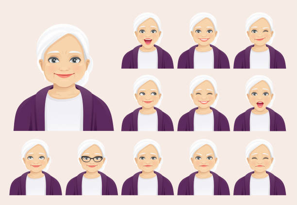 набор выражений старшей женщины - crying grimacing facial expression human face stock illustrations