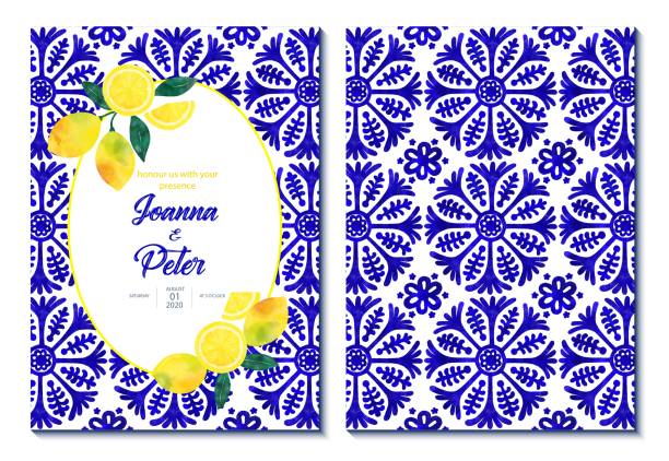 illustrations, cliparts, dessins animés et icônes de conception de carte d’invitation de mariage avec les citrons frais et les tuiles méditerranéennes bleu marine. concept de mariage, élément de conception. - spanish tiles