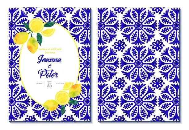 Vector illustration of Wedding Invitation Card Design with Fresh Lemons and Navy Blue Mediterranean Tiles. Wedding Concept, Design Element.