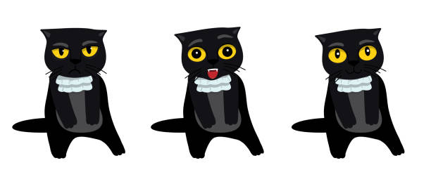 Set Of Black Cat Emoji Crazy Kitten With Different Emotions Angry