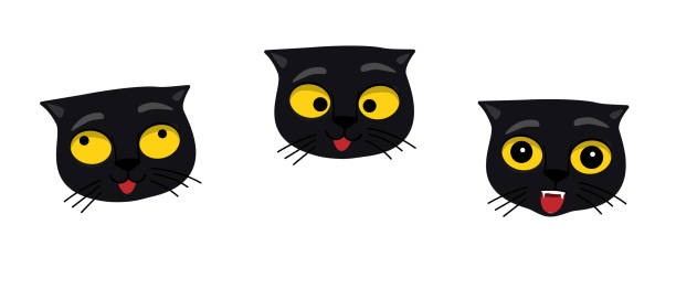 satz von katze gesichter emoji. verrücktes kätzchen mit unterschiedlichen emotionen. wütend, skeptisch, glücklich. lustige katze brechen dinge comic-illustration, cartoon-vektor-zeichnung. - jabot stock-grafiken, -clipart, -cartoons und -symbole