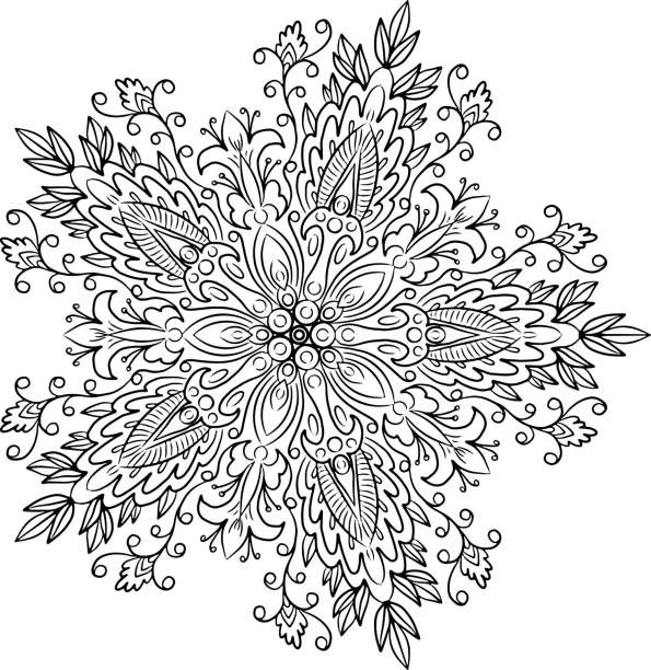 snowflake snowflake, coloring in a mandala, a circular illustration of the snowflake from plants, hand drawing isolated on white background frozen coloring pages stock illustrations