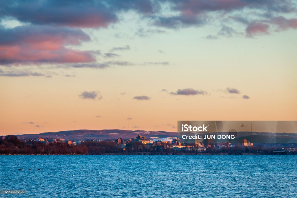 Sunset, Onondaga lake, Syracuse Cityscape New York State Stock Photo