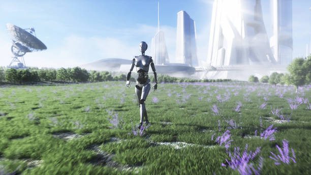 istock Female robot walks grass field . Sci fi city background. Concept of future. 3d rendering. 1293356417