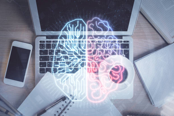 istock Double exposure of brain drawing hologram over topview work table background with computer. Concept of big data. 1293356446