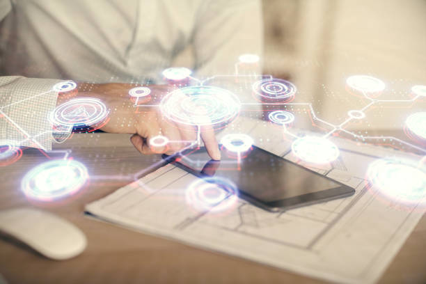 istock Double exposure of man's hands holding and using a phone and social network theme drawing. 1293356463