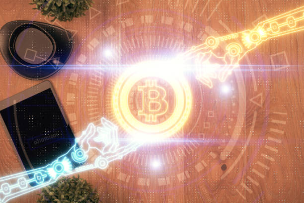 istock Double exposure of blockchain theme hologram over table with phone. Top view. Crypto technology concept. 1293356537