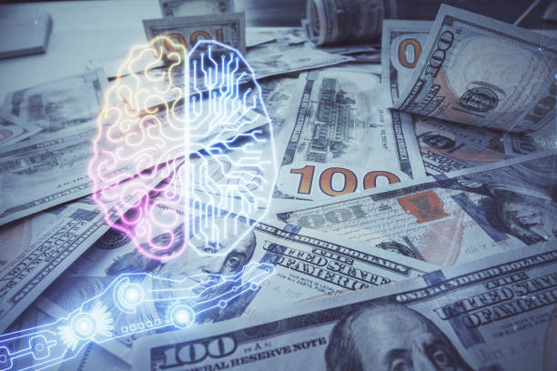istock Double exposure of brain drawing over us dollars bill background. Technology concept. 1293356563
