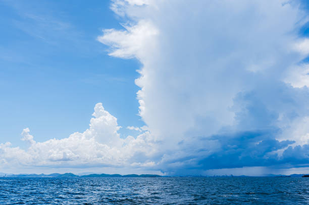 Landscape of sea and cloud sky at separate to between bright sky and storms rain cloud. Amazing view of natural outdoors.