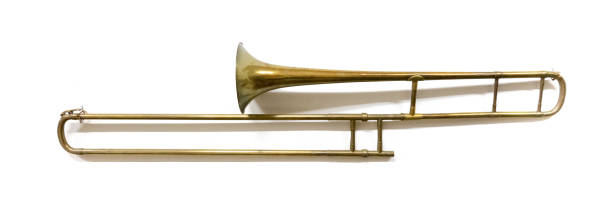 trombone against white backdrop - bugle trumpet brass old fashioned imagens e fotografias de stock