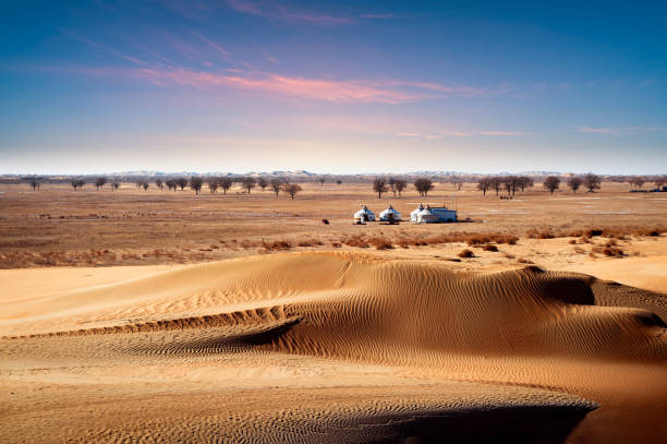 abitazioni di yurta ai margini del deserto, - great sand sea foto e immagini stock
