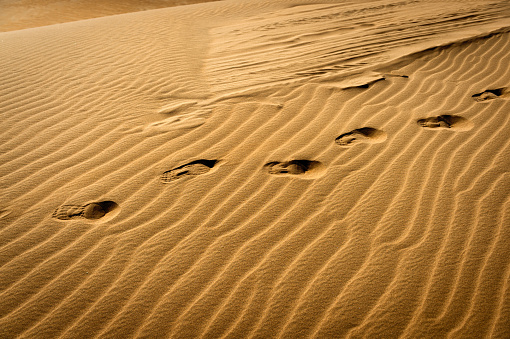 Close-up photo of footprints on the sand of a desert in the United Arab Emirates