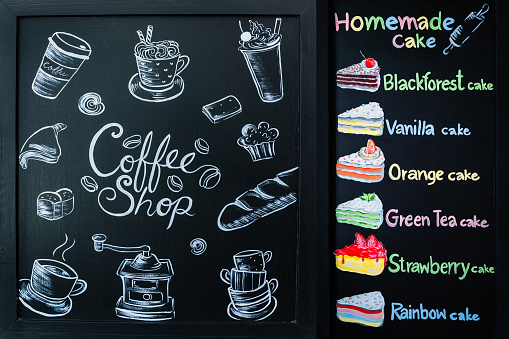 Signboard homemade cake menu on blackboard in coffee shop at restaurant. Hand drawing of cakes for food menu in cafe.