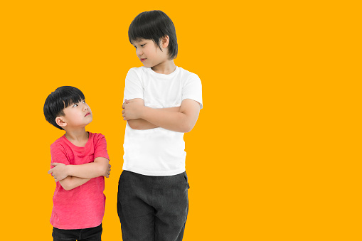 Little child boy and tall child boy standing arms crossed and looking face isolated on yellow background. Big and small kid concept at be friends. Back to school for concept.
