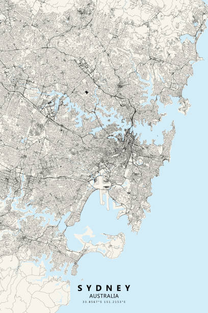 Sydney, Australia Vector Map Poster Style Topographic / Road map of Sydney, Australia. Original map data is open data via © OpenStreetMap contributors. All maps are layered and easy to edit. Roads are editable stroke. sydney opera house stock illustrations