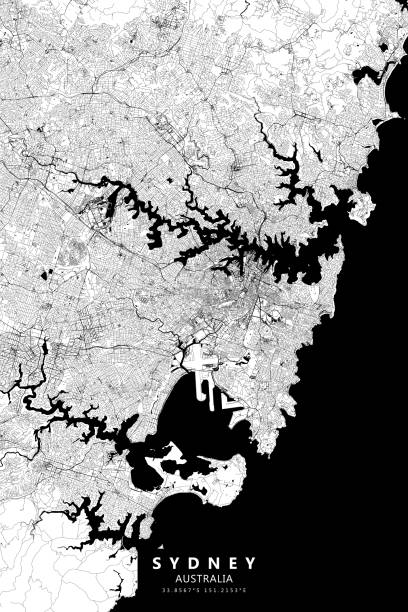 Sydney, Australia Vector Map Poster Style Topographic / Road map of Sydney, Australia. Original map data is open data via © OpenStreetMap contributors. All maps are layered and easy to edit. Roads are editable stroke. sydney opera house stock illustrations