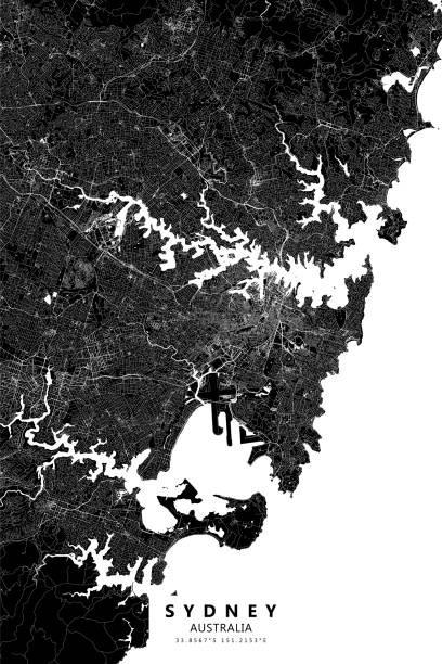 Sydney, Australia Vector Map Poster Style Topographic / Road map of Sydney, Australia. Original map data is open data via © OpenStreetMap contributors. All maps are layered and easy to edit. Roads are editable stroke. sydney opera house stock illustrations