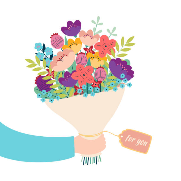 ilustraciones, imágenes clip art, dibujos animados e iconos de stock de tarjeta de felicitación de la mano sosteniendo ramo de flores - ramos