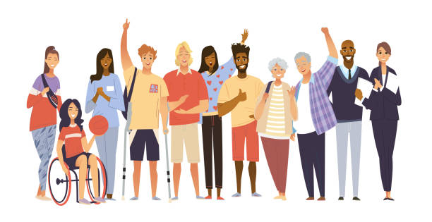 illustrazioni stock, clip art, cartoni animati e icone di tendenza di tifo folla multirazziale di persone. i tifosi felici fanno il tifo per la loro squadra. un gruppo di persone sostiene gli atleti. gli amici supportano la squadra di basket per disabili. ragazza con la palla in carriola - menomazione