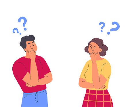 Couple of man and woman having a question. Male and female characters standing in thoughtful pose holding chin and question marks above their head. Quarrel, doubts or interest in relationship. Vector