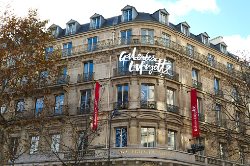 Paris, France. December 20. 2020. Exterior façade of the famous fashion and luxury store, sign Galeries Lafayette. Located on Haussmann Boulevard.