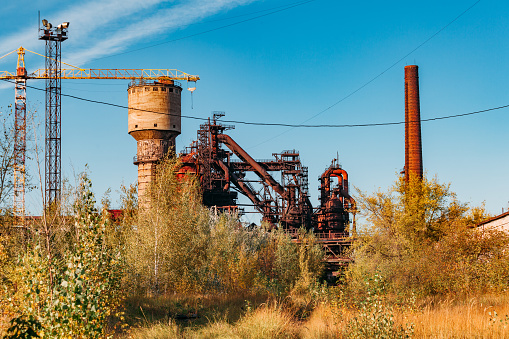 Blast furnace equipment of the metallurgical plant, close up view.