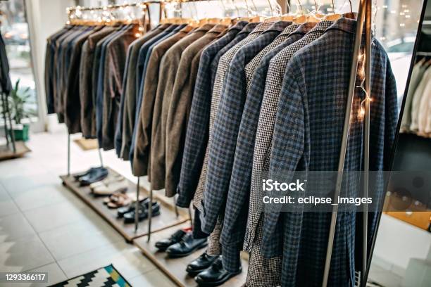 Suits On Rack Stock Photo - Download Image Now - Store, Menswear, Clothing