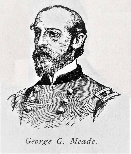 General Meade Portrait, American Civil War 1861-1865 Portrait of Union General George Meade, who had served in the Mexican-American war, is best known for defeating Confederate Robert E. Lee at Gettysburg, Pennsylvania during the U.S. Civil War. Meade was a civil engineer who built a number of lighthouses on the Atlantic coast. From Pennsylvania, Meade was born December 31, 1815 and died November 6, 1872. Illustration published in The New Eclectic History of the United States by M. E. Thalheimer (American Book Company; New York, Cincinnati, and Chicago) in 1881 and 1890. Copyright expired; artwork is in Public Domain. подмор сухой stock illustrations