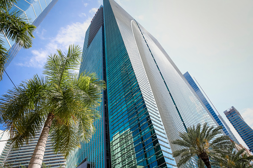 Miami, Florida - March 30, 2017: The Brickell Arch, an office skyscraper in Brickell in Downtown Miami, Florida, United States. It was designed by the architectural firm of Kohn Pedersen Fox Associates PC