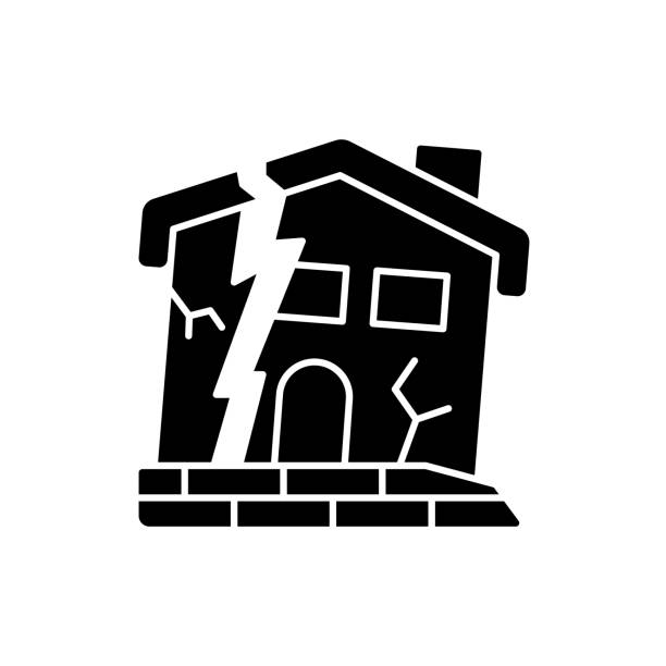 Dilapidated house black glyph icon Dilapidated house black glyph icon. Abandoned buildings. Dangers in old houses. Health and safety hazards. Derelict buildings. Silhouette symbol on white space. Vector isolated illustration property damage stock illustrations