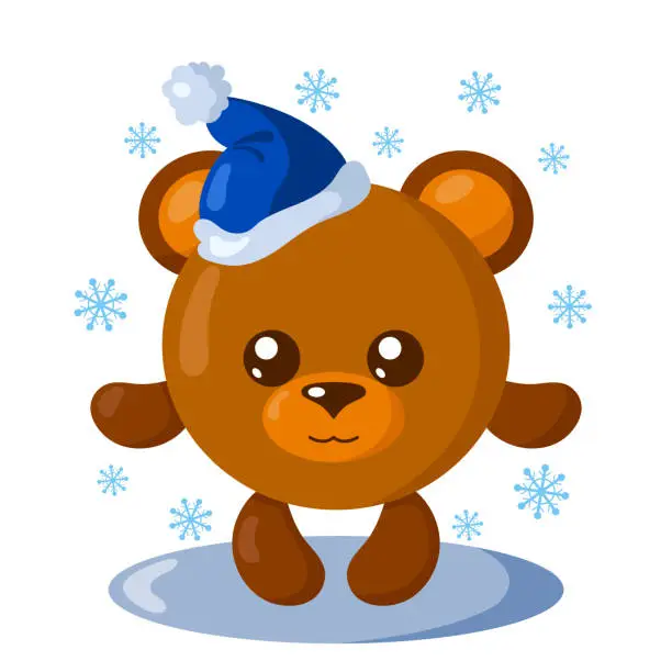Vector illustration of Funny cute kawaii bear with Christmas hat and round body surroundet by snowflakes in flat design with shadows.