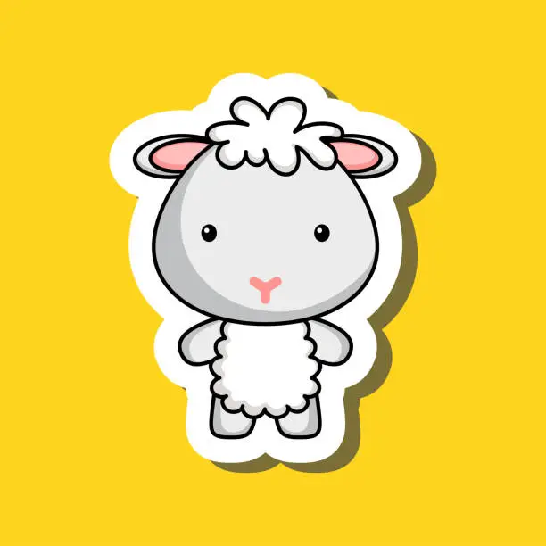 Vector illustration of Cute cartoon sticker little sheep. Mascot animal character design for for kids cards, baby shower, posters, b-day invitation, clothes. Colored childish vector illustration in cartoon style.