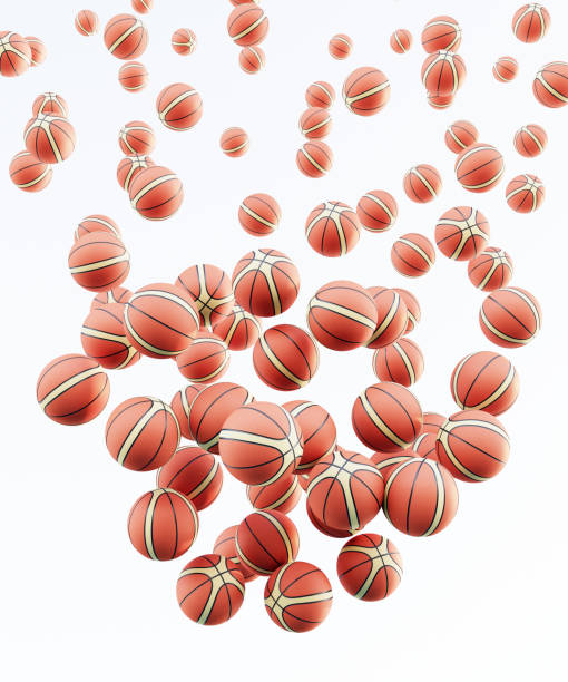 istock Lots of balls falling from above, Basketball balls pattern background abstract composition. 3d render 1293373454
