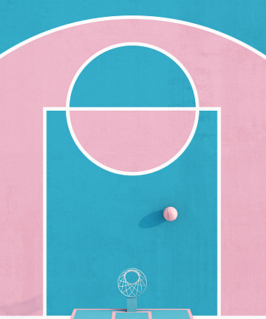 Aerial view abstract pastel pink blue color basketball court with hoop and ball minimalistic composition. 3d render.