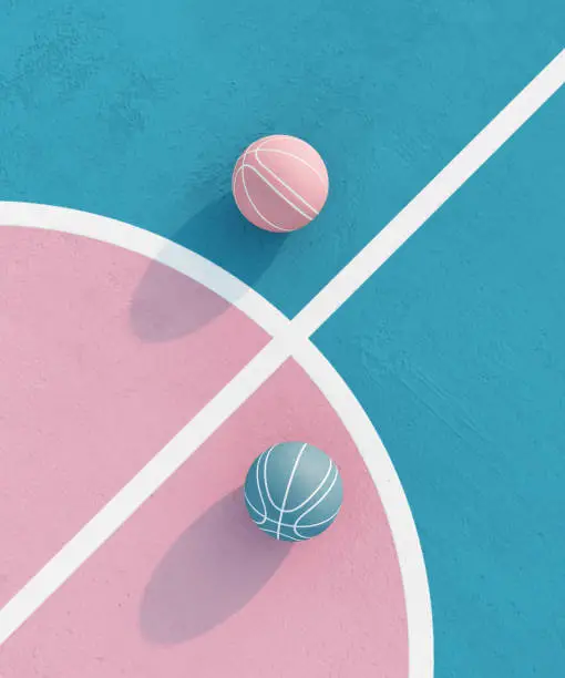 Photo of abstract pastel pink blue color basketball court with ball minimalistic composition. Balance concept. 3d render