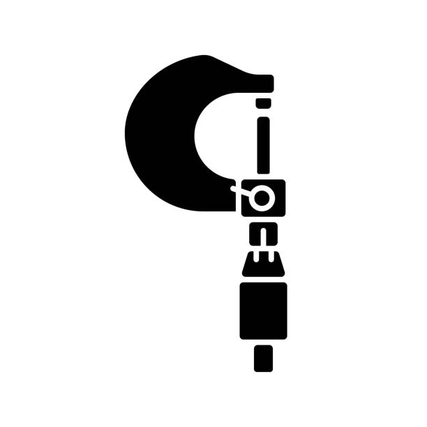 Micrometer black glyph icon Micrometer black glyph icon. Measuring object length and dept. Making accurate measurements for engineering purposes. Silhouette symbol on white space. Vector isolated illustration micrometer screw gauge stock illustrations
