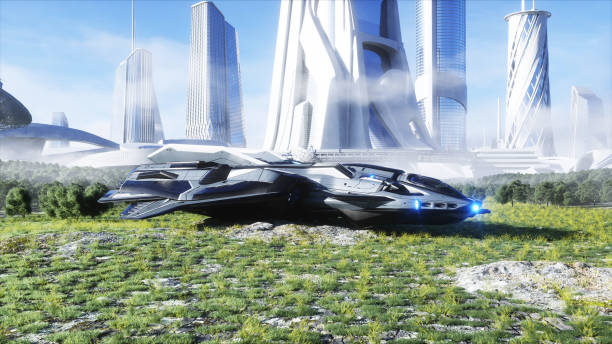 istock futuristic ship and city. Future concept. Aerial view. 3d rendering. 1293375266