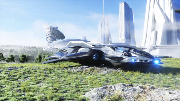 istock futuristic ship and city. Future concept. Aerial view. 3d rendering. 1293375274