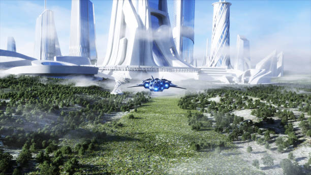 istock futuristic ship and city. Future concept. Aerial view. 3d rendering. 1293375315