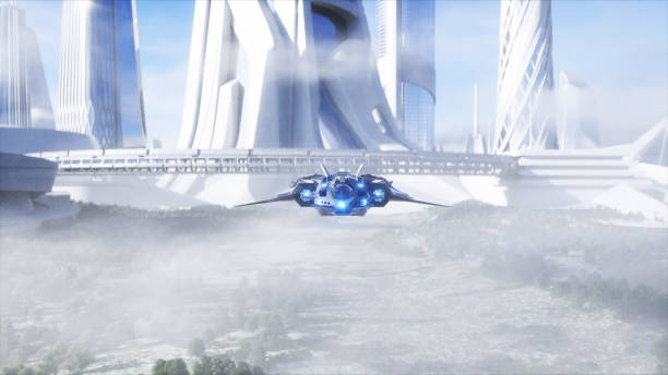 istock futuristic ship and city. Future concept. Aerial view. 3d rendering. 1293375321